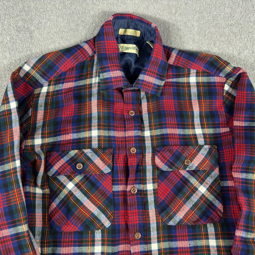 Vintage St. Johns Bay Flannel Blue Plaid Size LT Outdoors Hiking 80s 90s Korea